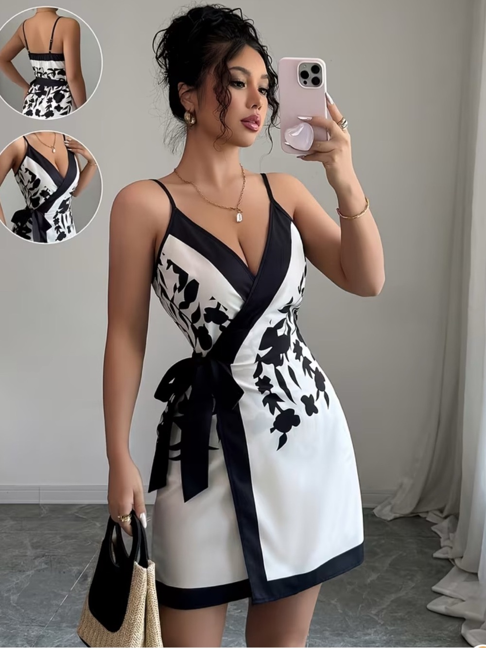 Elegant Black & White Floral Wrap Mini Dress